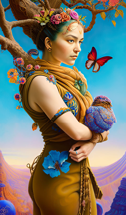 AI-generated portrait of Alesia Lloyd, co-founder of DuckByte, depicted as a visionary designer surrounded by nature-inspired elements, symbolizing creativity, technology, and conscious design.