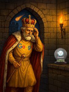 An illustration of a weary King Google in royal robes and crown, pacing through a castle hallway, while the ChatGPT logo hovers beside him, symbolizing the shift in dominance from traditional search engines to AI-powered assistants