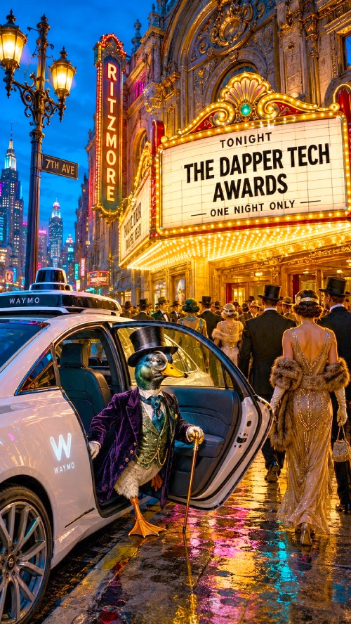 Dapper Duck Arrives at the Dapper Tech Awards Ceremony Dapper Duck in Victorian formalwear steps from a Waymo outside an Art Deco theater hosting the fictional Dapper Tech Awards.