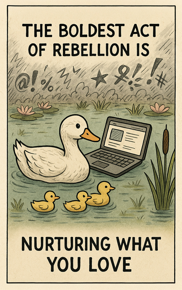 Illustration of a serene duck in a vintage garden, symbolizing quiet rebellion and soulful branding by DuckByte web design