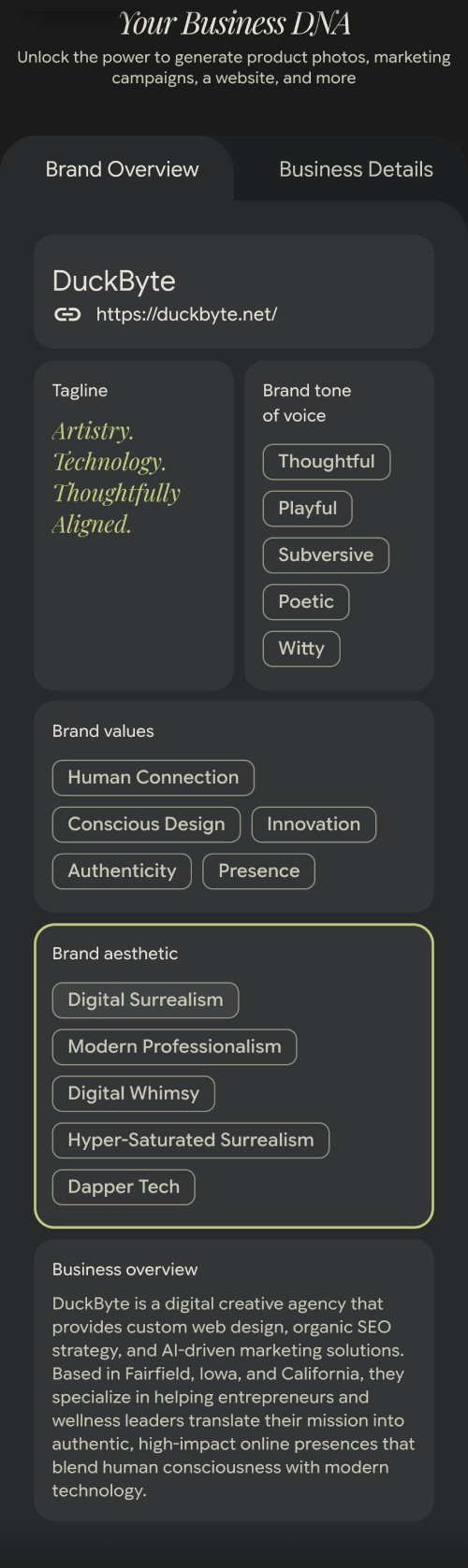 DuckByte Business DNA Analysis by Pomelli Google Labs Pomelli Business DNA analysis of DuckByte highlighting Human Connection, Conscious Design, Innovation, Authenticity and Presence.