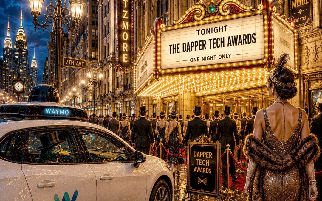 Art Deco theater hosting the Dapper Tech Awards as guests arrive and a Waymo carrying a mysterious duck pulls up outside.