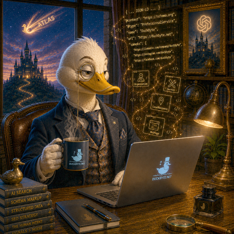 DuckByte duck researching AI search, SEO and schema markup as the Atlas comet crosses the sky